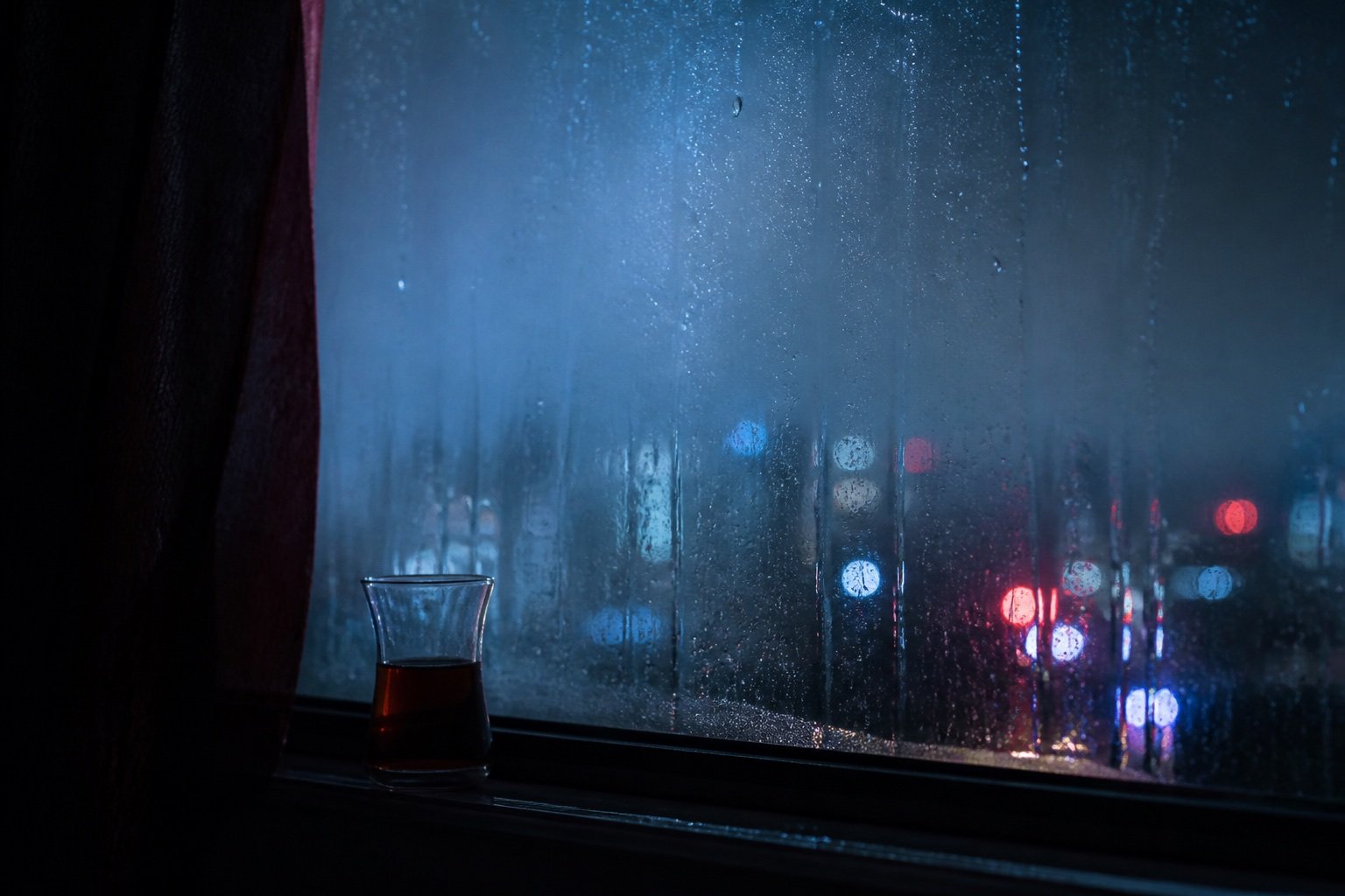 Yağmurlu pencere önünde çay bardağı ve gece ışıkları