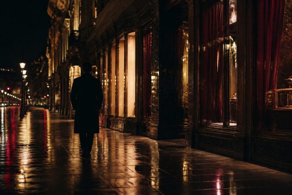 Yağmurlu gece sokağında arkadan görülen siyah paltolu anonim yetişkin